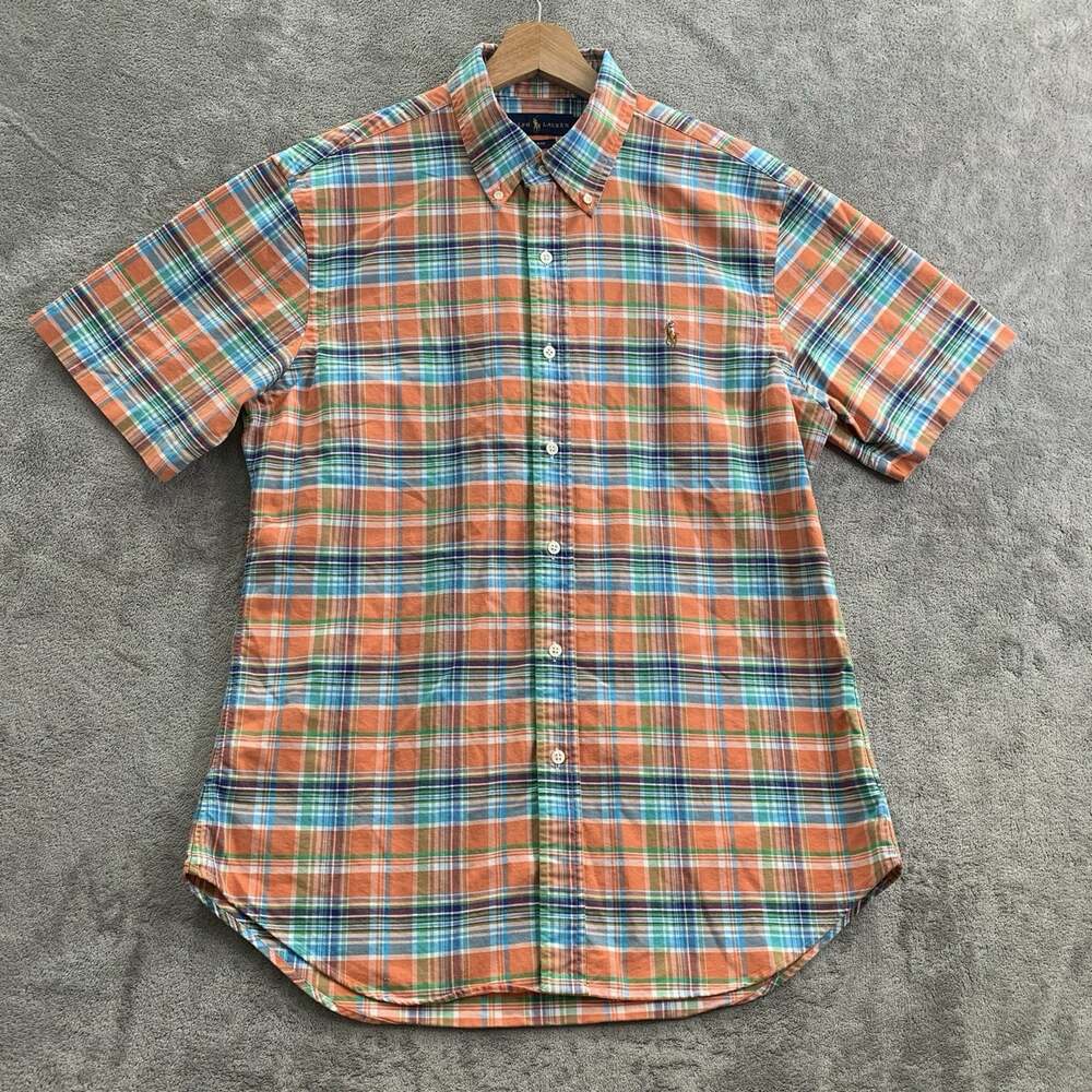 Ralph Lauren Shirt Mens Large Slim Orange Flannel Plaid Flesh Pony Casual Preppy